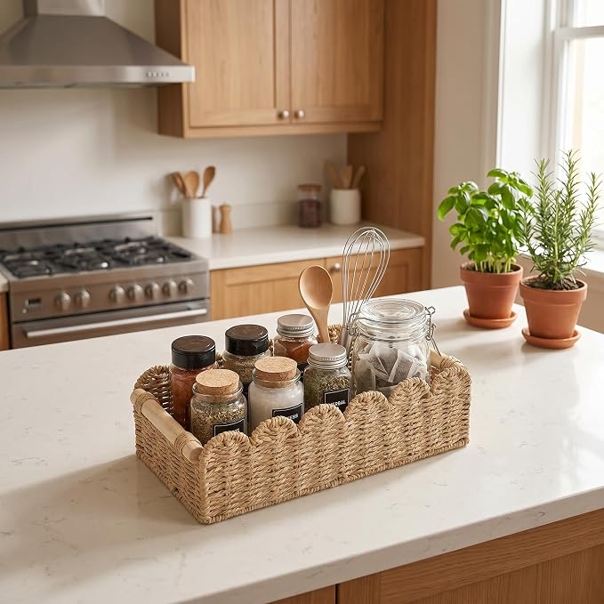 Handwoven Paper Rope Storage Basket, Scalloped Edge Decorative Organizer with Wooden Handles, Multifunctional basket for Bathroom Toilet Paper, Bedroom,End Table, Shelf and More Decoration (M+L)