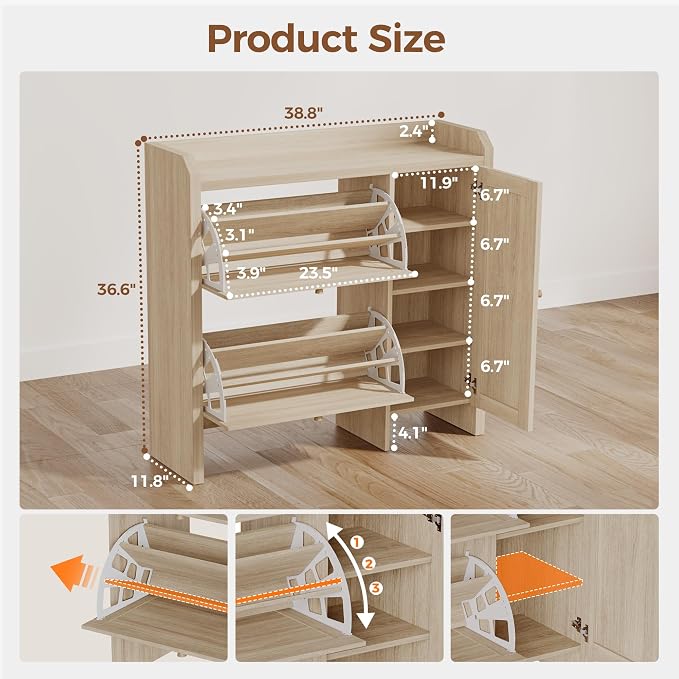 Shoe Cabinet Storage for Entryway with 2 Flip Drawers(3-Tier), Rattan Freestanding with Door & 3 Adjustable Shelve,Hidden Shoe Rack Organizer for Hallway, Foyer