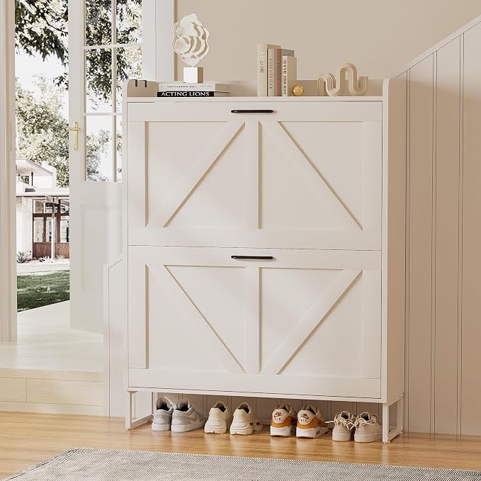 EOYUTLLY Shoe Cabinet for Entryway with 2 Flip Drawers,Narrow Wooden Shoe Storage Cabinet with Metal Legs,Hold 24 Pairs, 4-Tier Adjustable Shelves–Freestanding Hidden Shoe Organizer for Hallway, Foyer