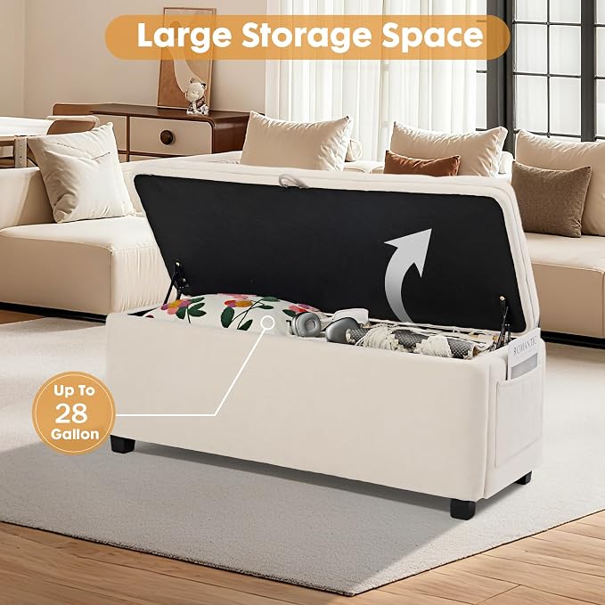 45" Storage Ottoman Bench, Tufted Ottoman with Storage for Living Room, Large End of Bed Ottomans, Modern Entryway Benchs, Window & Bedroom Benches for Foot of Bed (Ivory)