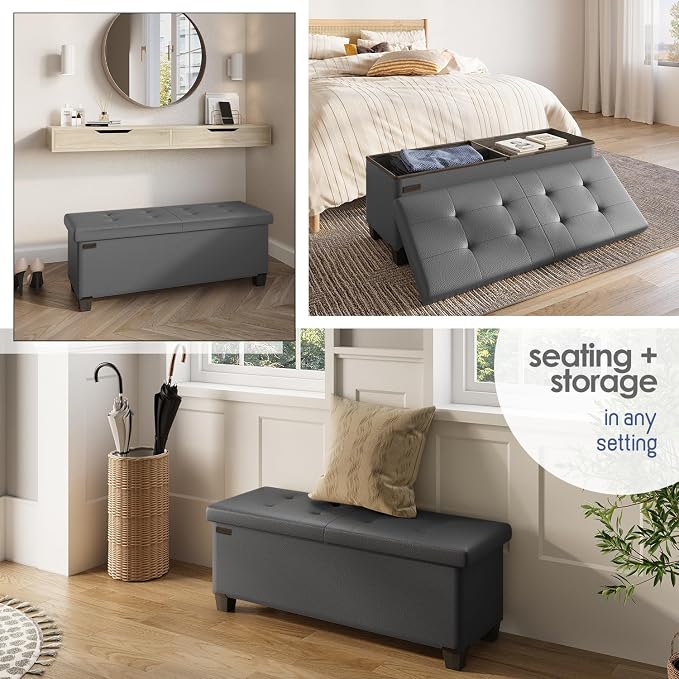 Storage Ottoman Bench with Bins, 43-in Storage Bench for Bedroom End of Bed, Folding Foot Rest Ottoman for Living Room Max 660lbs, Faux Leather Ottomans, Grey