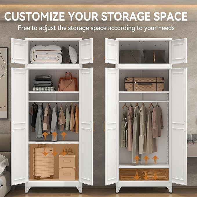 Polup 86" Tall White Metal Armoire Wardrobe Closet with Hanging Rod | Heavy Duty Steel Clothing Storage Cabinet, 4 Doors, 180lbs Adjustable Shelves, Shipped in 2 Packages for Bedroom, Garage