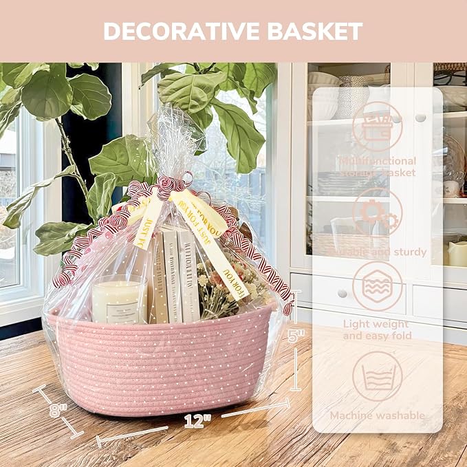 CHICVITA Gift Basket Empty with Bags & Ribbon for Baby Shower, Pink | 12"x 8"x 5" Woven Gift Basket Empty to Fill for Girl Birthday, Rope Baskets for Organizing, Decorative Basket