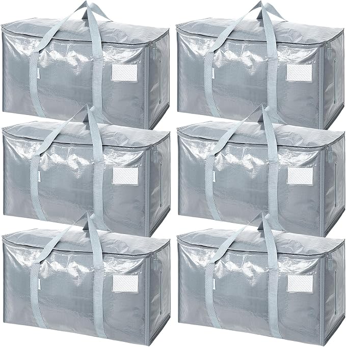 TICONN 6 Pack Extra Large Moving Bags Heavy Duty with Zippers & Carrying Handles, Durable Storage Bags Moving Boxes for Closet Organizers and Storage (6 Pack, Light Grey)