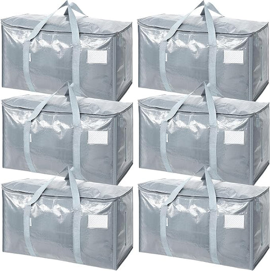 TICONN 6 Pack Extra Large Moving Bags Heavy Duty with Zippers & Carrying Handles, Durable Storage Bags Moving Boxes for Closet Organizers and Storage (6 Pack, Light Grey)