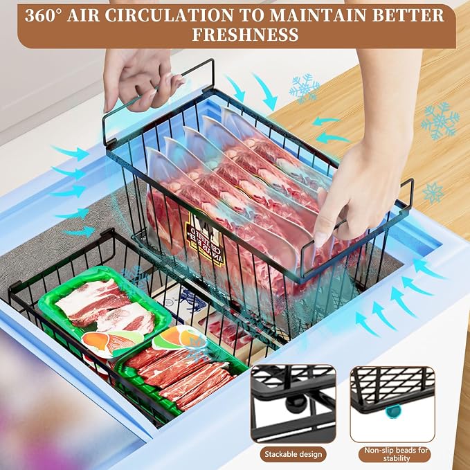 Enhanced Leak-Proof Bottom - Freezer Organizer Bins ，6 Pack Stackable Deep Freezer Organizer Bins for 7 Cu.FT Small Chest Freezer，organization and storage，pantry organizers(6 Pack-black)