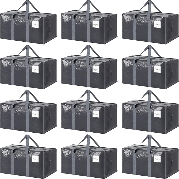 12 Pack Extra Heavy Duty Large Moving Bags with Strong Zipper & Comfortable Handles, Sturdy & Durable Clothes Storage Bags Totes Bins, Packing Moving Boxes for College Supplies, Gray