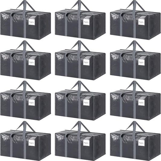 12 Pack Extra Heavy Duty Large Moving Bags with Strong Zipper & Comfortable Handles, Sturdy & Durable Clothes Storage Bags Totes Bins, Packing Moving Boxes for College Supplies, Gray