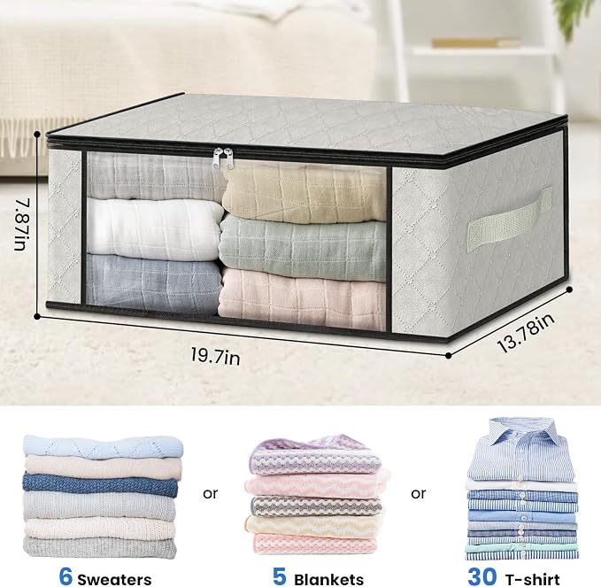 HomeHacks 8-Pack Clothes Organizer Storage Bags, 35L Storage Bins, White | Foldable Storage Box Container with Zippers, Clear Window, Reinforced Handles for Closet, Dorm, Pillows, Bedding, Sweater