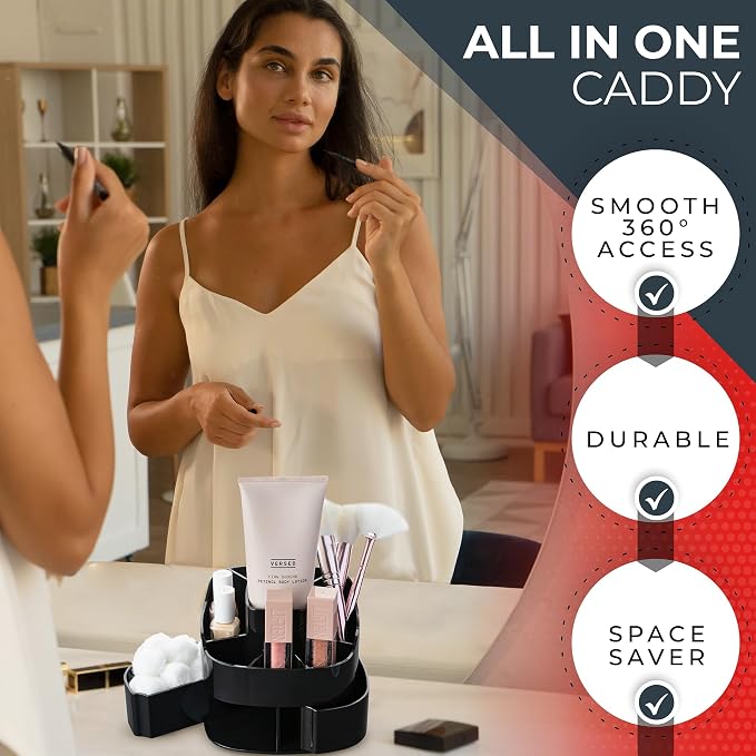 Masirs Small 360 Rotating Makeup Organizer, 5 Compartments, Square Black | Small 360 Rotating Makeup Organizer, 5 Compartments, Acrylic Mini Lazy Susan, Vanity Bathroom Counter, Square Black