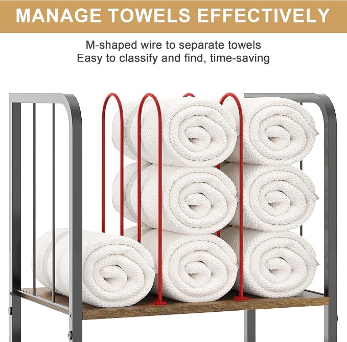3-Tier Freestanding Towel Racks for Bathroom, Towel Rack Stand | Detachable M-shaped Dividers for Bath Towel Storage Premium Iron & Wood Holder Crafted for Bathroom Organization