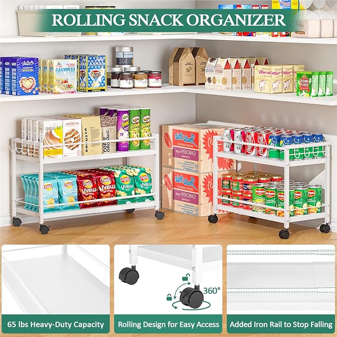 2-Tier Expandable Rolling Pantry Cart with Wheels, Adjustable Floor Organizer for Kitchen Pantry, Can Organizer for Pantry, Storage Cart for Snack, Food, Vegetables, White, Patent Pending