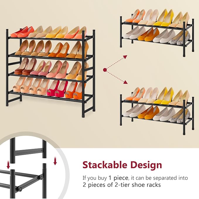 Expandable Shoe Rack for Closet 4 Tier, 28“-41“Stackable, Black | Adjustable Shoe Organizer Closet Shoe Rack Floor, Metal Shoe Shelf Storage for Entryway, Closet, Garage, Front Door Entrance