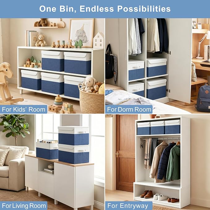 Bagnizer Large 22 Quart Linen Fabric Foldable Storage Bin Cube Organizer Basket with Flip-Top Lid & Handles, Clothes Blanket Box for Home, Office, Closet, Navy Blue & White, 4 Pack 14.6 x 9.5 x 9.5
