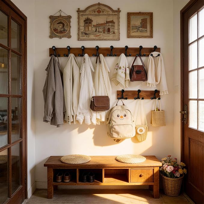 WEBI Coat Rack Wall Mount,17" Solid Wood Coat Hooks Wall Mounted Coat Hanger,16" Hole to Hole,Heavy Duty Hook Rack,3 Triple Hooks for Hanging Coats,Jacket,Hat,Backpack,Farmhouse,Brown,2 Packs