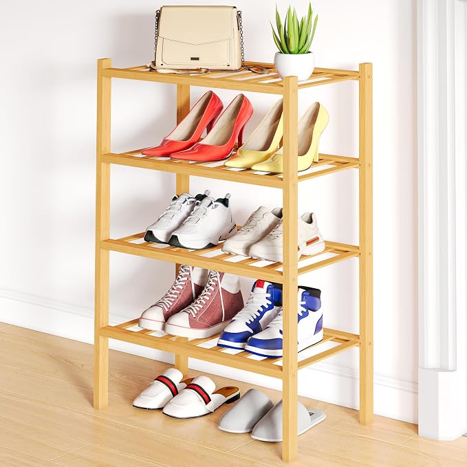 Smiry Bamboo Shoe Rack, 12 Vertical Slats, 4 Tier - 17.3" Wide, Natural | Stackable Free Standing Wooden Shoe Organizer, Wood Shoe Storage Shelf for Closet, Entryway