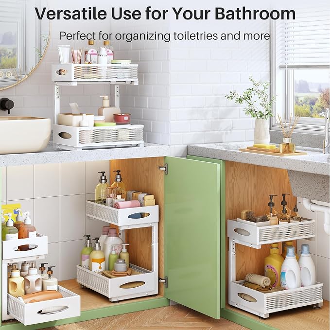 Under Sink Organizer, 2 Pack 2 Tier Pull out Cabinet Organizer Baskets with Mesh Sliding Drawers, Slide out Sink Storage Shelves for Kitchen, Bathroom, Pantry, Cabinet Organizers and Storage(White)