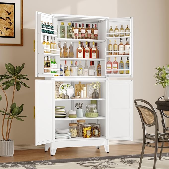 GAIOUS 74.8" Tall Metal Food Cabinet, White Kitchen Pantry Cabinet, Storage Cabinets with 4 Door and 4 Adjustable Shelves, Steel Freestanding Cupboard for Kitchen Dining Room Living Room Bathroom