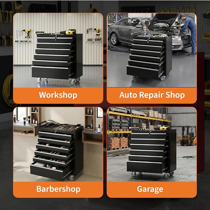 Garvee Rolling Tool Chest, 6 Drawers Tool Storage Cabinet, Toolbox with Wheels, Portable Tool Cabinet Organizer with Locking System & Drawer Liners, Tool Storage Cart for Garage, Workshop, Black