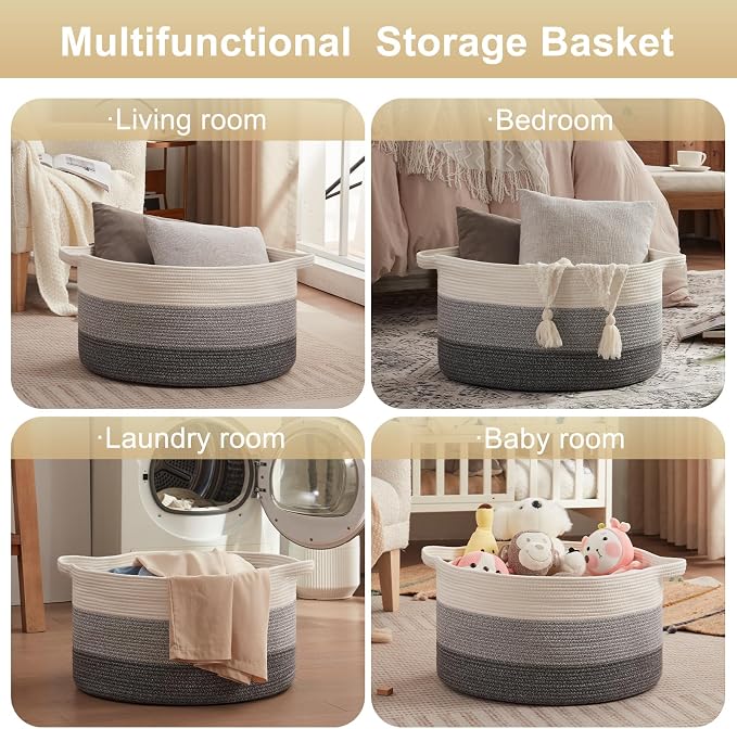 OIAHOMY 90L Extra Large Blanket Basket - Decorative Cotton Rope Storage Basket for Bedroom, Living Room & Nursery - Woven Laundry Hamper for Organizing Blankets, Clothes & Toys - Gradient Grey