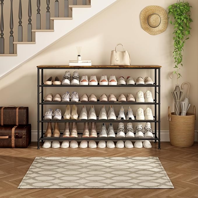 SUOERNUO 5 Tier Extra Long Shoe Rack Organizer Storage for Closet Entryway | Large Capacity Shelf,MDF Top Board,Sturdy Metal Frame,Ideal for Living Room,Hallway Black