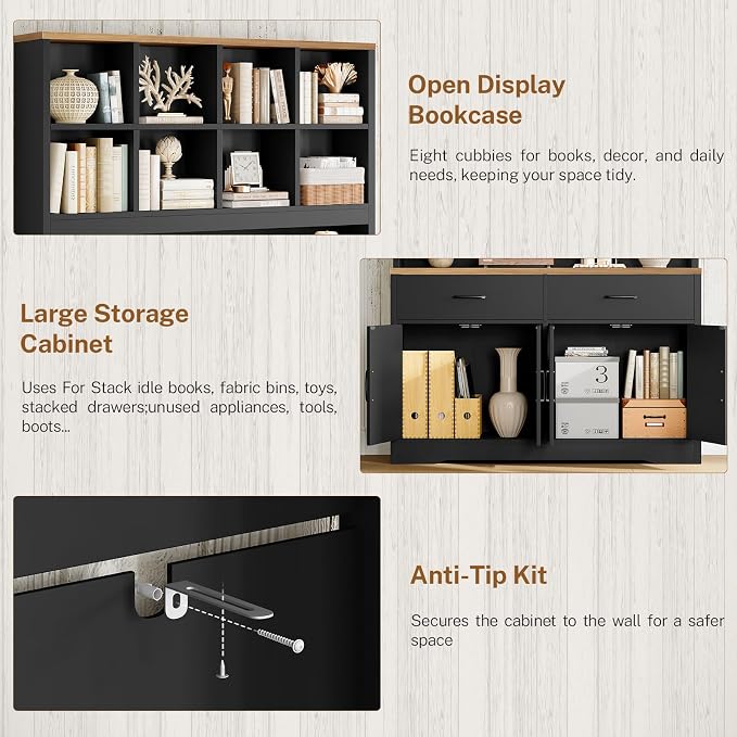 Storage Cabinet with Doors and Drawers, Pantry Cabinets, 5 Tier Floor Standing Bookshelves, Bookshelf and Bookcase, 8 Open Storage Shelves and Printer Stand for Study, Living Room, Office