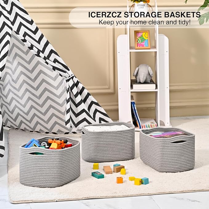 ICERZCZ Small Storage Baskets for Shelves Organizing, Woven Cotton Rope Baskets for Storage, Book Basket, Decorative Shelf Basket, 12.5"Lx9.1''Wx7.9''H (4 Packs) Grey