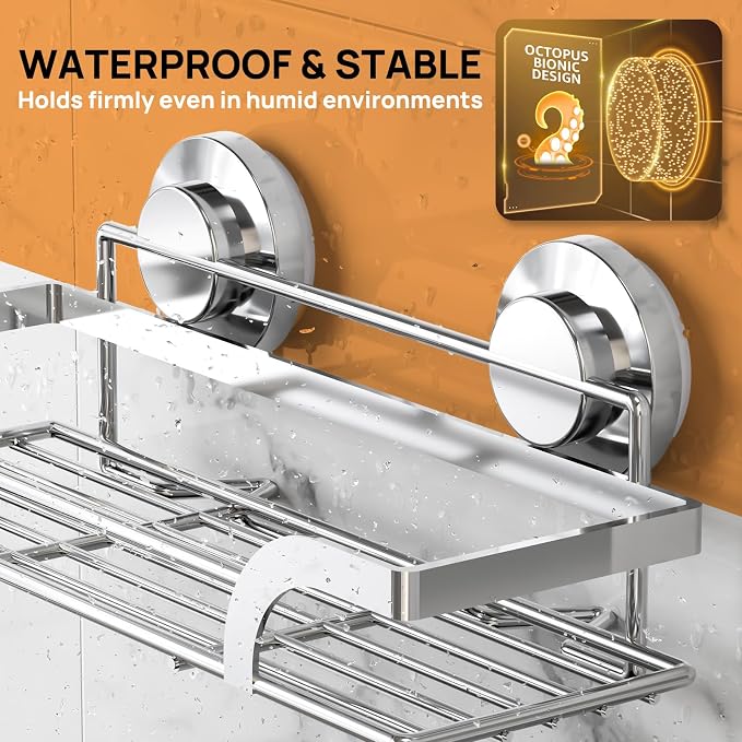 LEVERLOC 2 Pack Shower Caddy Suction Cup, Shower Shelves for Inside, Silver | Rustproof Bathroom Storage NO-Drilling Bathroom Organizer, Heavy Duty Shower Storage Basket, Metal Shower Shelf