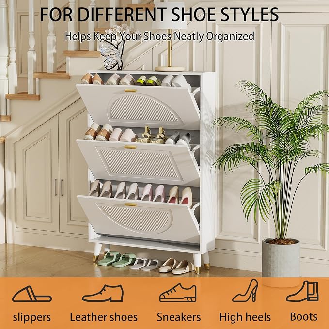Narrow Shoe Cabinet Storage for Entryway: Cabinet Shoe Rack Organizer, White Shoes Cabinets with 3 Flip Drawers, Modern Shoes Storage Entryway for Front Door Entrance (1 Piece, 32")