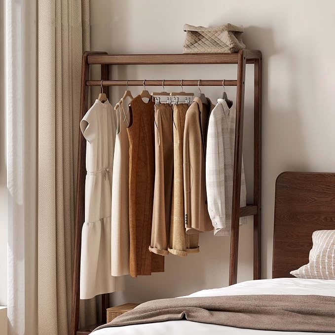 Solid Wood Clothes Rack, Clothing Rack with 2 Shelves Storage, Floor-Standing Coat Rack for Bedroom, Living Room, Entryway,Walnut