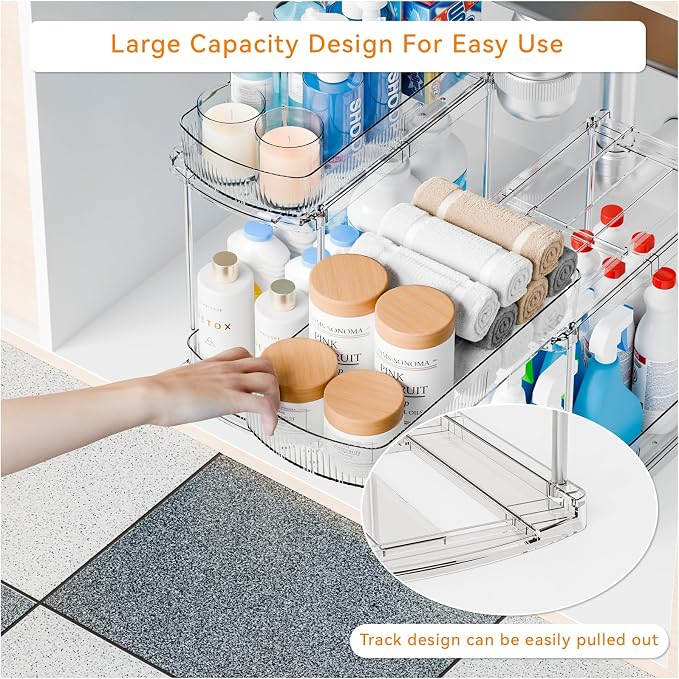 3 Pack 13.8″ Deep 2 Tier Under Sink Storage Organizer,Large Pull Out Bathroom Organizers and Storage,Slide Out Acrylic Undersink Storage Shelf,Kitchen Under Sink Organizer for Cleaning Products