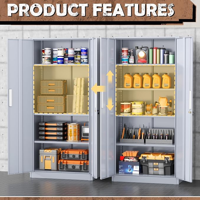 INTERGREAT Metal Storage Cabinet, 72” H Storage Cabinet with Doors and Adjustable Shelves for Office, Home, Garage, Pantry (Assembly Required, Cement Grey)