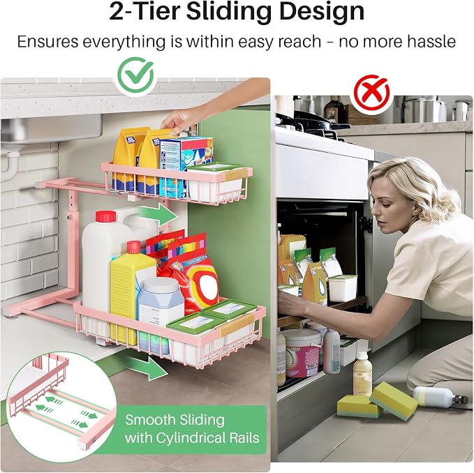 Kitstorack Under Sink Organizer, 2 Tier Under the Sink Storage, Slide out Pull out Cabinet Organizer Shelf, Metal Sliding Drawer for Kitchen Bathroom Pantry Closet Organization Rack, Pink, 2 Pack