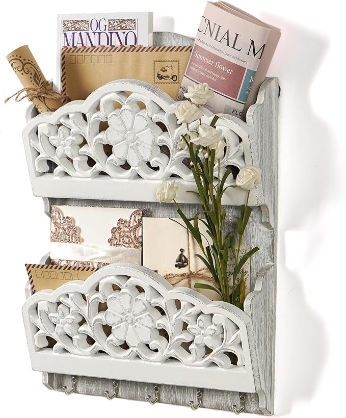 Key and Mail Holder for Wall, 2-Slot Mail Organizer Wall Mount 5 Key Hooks | Retro Hollowed-out Pattern Wooden Key Hangers Wall File Organizer Letter Sorter, Key Rack for Entryway Home Decor Extra Wide