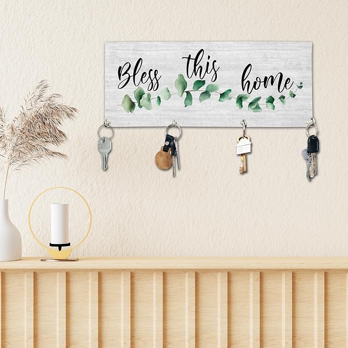Bless This Home Wooden Key Holder for Wall - 5"x10" Key Organizer Hanger with 4 Hooks for Front Door Hallway Entryway Kitchen - Home Office Decor & Housewarming Gifts Supplies - A01