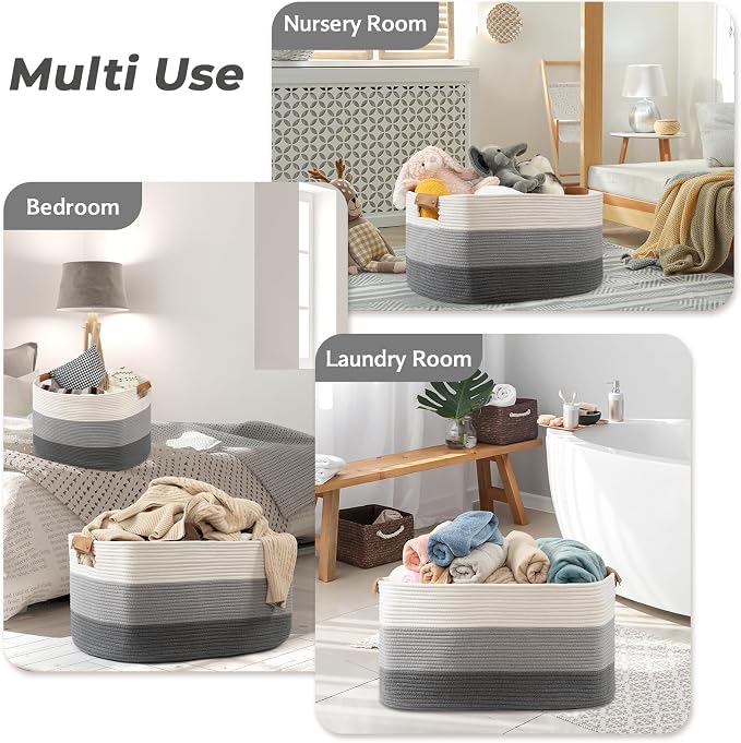 danpinera Large Woven Basket 25’’*16’’*16’’ 108L Woven Baskets for storage Baby Laundry Hamper, Cotton Rope Boho Decorative Storage Bin for Living Room, Nursery, Clothes, Pillows Gradient Grey