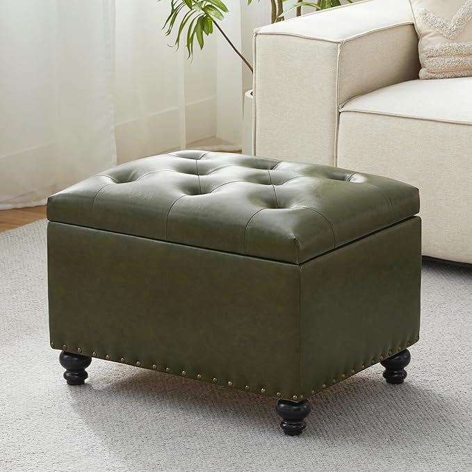Zihanhome Leather Ottoman with Storage, Upholstered Button Tufted Ottoman Foot Rest, Foot Stools, 24" Rectangle Ottomans with Storage for Living Room, Bedroom, Dorms and Apartments (Green-PU)