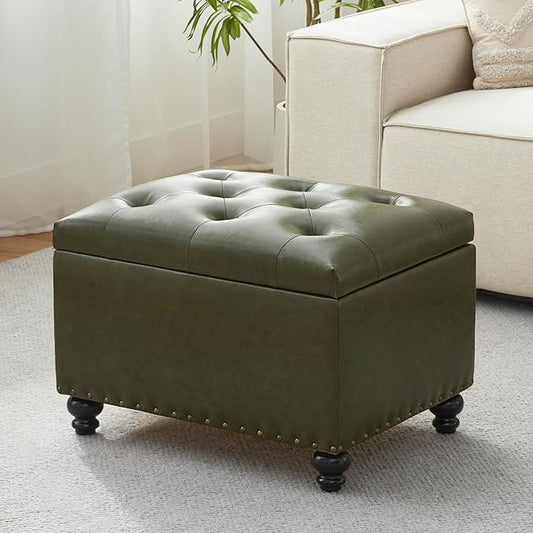 Zihanhome Leather Ottoman with Storage, Upholstered Button Tufted Ottoman Foot Rest, Foot Stools, 24" Rectangle Ottomans with Storage for Living Room, Bedroom, Dorms and Apartments (Green-PU)