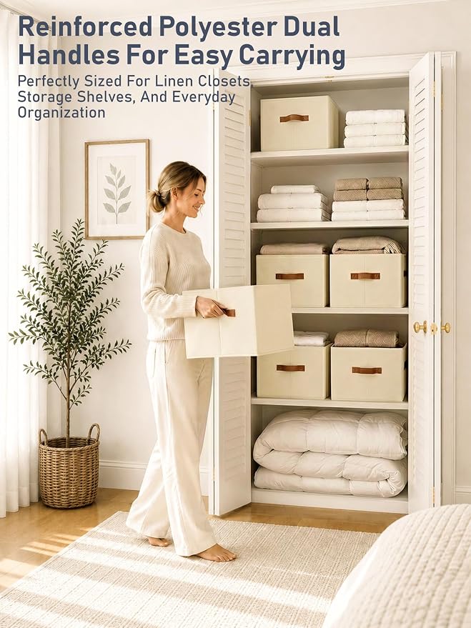 5 Pack Large Closet Storage Baskets Bins for Shelves, Collapsible Fabric Closet Organizers and Storage with Polyester Handles, Decorative Baskets for Organizing Clothes, Towels, Linen Closet 14"x10"