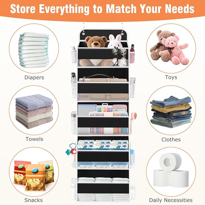 Over The Door Organizer Storage Large Capacity Hanging Bedroom Storage | 5 Shelves, 40 LB Capacity, Foldable Mesh Design, Clear Window, Sturdy, Large Storage Organizer for Nursery, Pantry & Closet