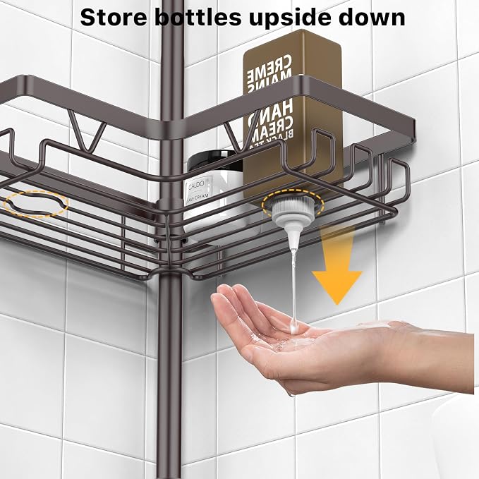 KEGII 4-Tier Corner Shower Caddy Tension Pole, Bathroom Shelf, Bronze | Waterproof Rustproof Storage with Hooks and Soap Holder, Floor to Ceiling Design for Shower and Bathtub Organization