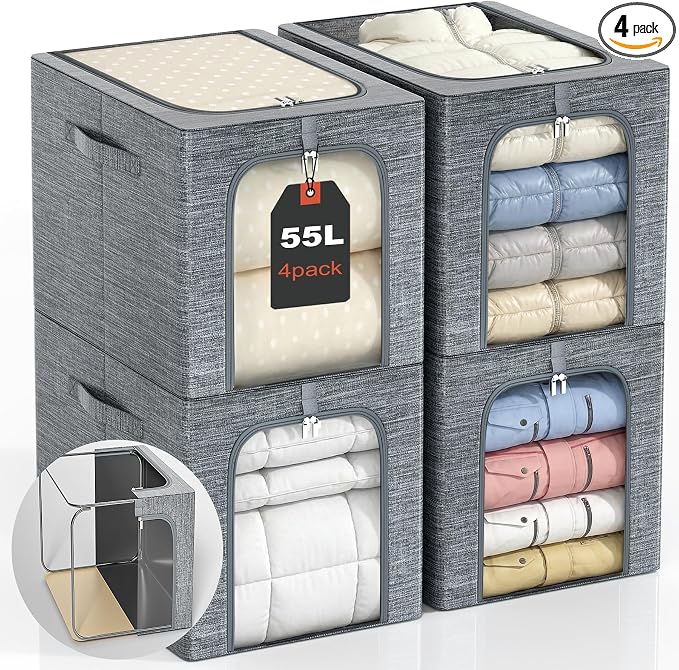 GoMaihe Blanket Storage Bins with Metal Frame for Closet, 55L 4-Pack Grey | Clothing Comforters Bedding Winter Coat, Closet Top Shelf, Collapse-Proof Stackable, Clear Window, Dual Access Space Saving