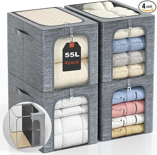 GoMaihe Blanket Storage Bins with Metal Frame for Closet, 55L 4-Pack Grey | Clothing Comforters Bedding Winter Coat, Closet Top Shelf, Collapse-Proof Stackable, Clear Window, Dual Access Space Saving
