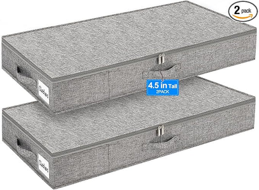 punemi 4.5 in Tall Low Profile Under Bed Storage Containers, 2 Pack, Grey | 40L Structured Clothes Organizer Bin with Reinforced Sides & Bottom, Shallow Design for Clothing & Blankets