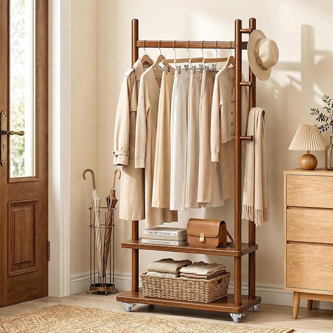 Taitiy Coat Rack Solid Wood Stand Storage 2 Shelves 4 Hooks Entryway | Hallway bedroom living room office, durable wood construction, freestanding design, coats hats bags storage