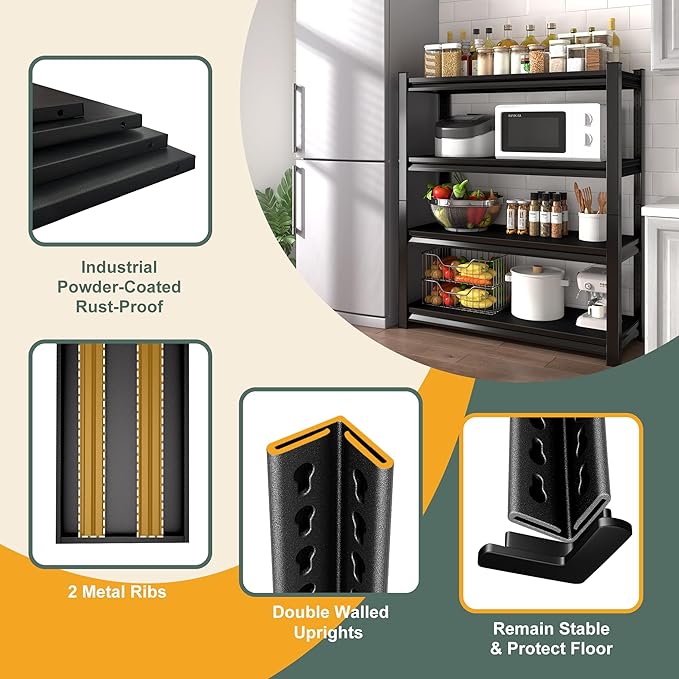 48" W Garage Shelving Heavy Duty, 2200LBS Loads Adjustable Garage Storage Shelves,4-Tier Metal Storage Racks and Shelving Units, Utility Rack Shelves,48" W x 16" D x 63" H,Black