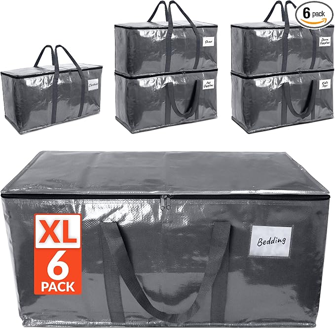 Reli. Moving Bags Heavy Duty (6 Pack) Grey, Extra Large Totes | For Storage & Packing | Small Space & Dorm Room Essentials | Packing Bags w/ Handles & Zippers | Alternative to Moving Boxes
