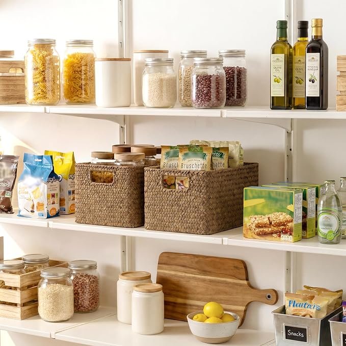 StorageWorks Large Wicker Baskets for Storage, Woven Baskets for Shelves | Seagrass, Pantry, Laundry, Bathroom, Kitchen Closet, Table, Decorative, Book, Towel, Magazine, Toy, Food, Rattan, Medium, Big