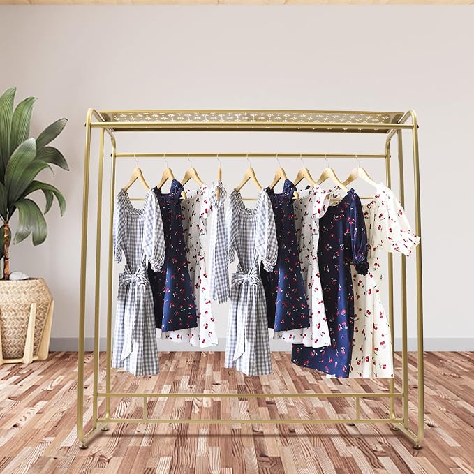 Gold Clothing Rack Heavy Duty, Metal Garment Rack with Top Shelf, Dual-bar Clothes Rack for Retail Display, Home Use