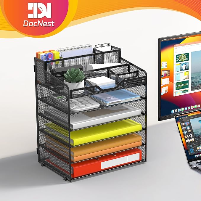 Docnest 6 Tier Mesh Desk Organizer with Letter Tray & Paper Sorter, Black | Features 3 built-in pen holders & 5 adjustable compartments on top. Includes 4 non-slip rubber feet for desk protection